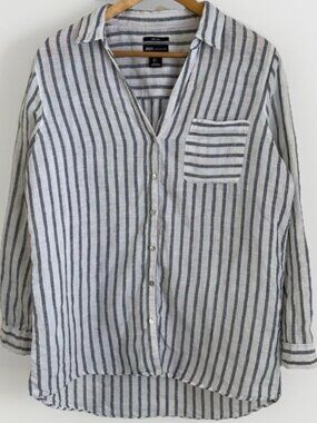Jones NY Linen Button Down Blouse Blue White Stripe Size L Women’s